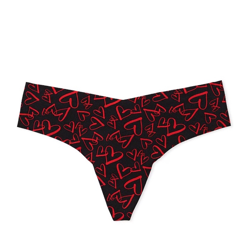 Victoria's Secret No Show Thong Panty Black w Red Hearts Medium NEW